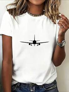 Women's Soft T-Shirt With Airplane Print - Breathable, Loose Fit, Crew Neck, Short Sleeve, With Airplane Design And 'PLANE' Lettering, Casual Sporty Blouse - Suitable For Everyday Wear (Machine Washable, ), Elegant Blouses For Women - 白色 - 查看 7