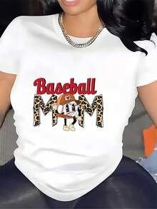 Leopard Print Baseball Mom T-Shirt - The Perfect Choice For Fans, To Show Team Spirit And As A Gift For Mom, Promotes Closeness, Casual Wear, Holiday Gift - Unisex Short Sleeve T-Shirt, Crew Neck, Loose Cotton, Urban Vintage Style. - 白色 - 查看 1