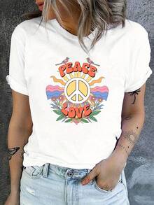 Women's Vintage Peace And Love Print T-Shirt - Casual Short-Sleeved Crew Neck T-Shirt With Geometric Sunburst And Peace Symbol Prints, Made Of Machine-Washable Medium-Stretch Fabric, Suitable For Spring And Summer. Comfortable T-Shirt For Everyday Wear, Bohemian Style, Comfortable Fit Blouse For Women. - 白色 - 查看 1