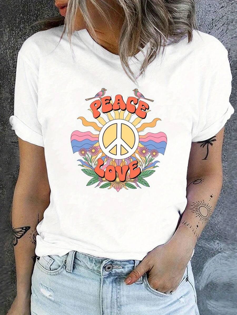 Women's Vintage Peace And Love Print T-Shirt - Casual Short-Sleeved Crew Neck T-Shirt With Geometric Sunburst And Peace Symbol Prints, Made Of Machine-Washable Medium-Stretch Fabric, Suitable For Spring And Summer. Comfortable T-Shirt For Everyday Wear, Bohemian Style, Comfortable Fit Blouse For Women. - 白色 - 查看 1