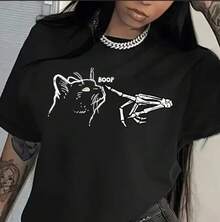 T-Shirt With Cat And Skull Paw Print, Short Sleeve, Round Neck, Casual Style, Spring/Summer, Women's T-Shirt - Urban Vintage Style, Unisex, Loose Fit, Cotton, Short Sleeve, Round Neck. - 黑色 - 查看 5