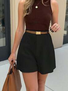 Pantalones cortos versátiles de unicolor para mujer - Negro 2 - Ver 2