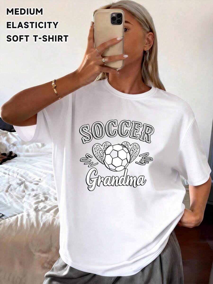 Women's Short-Sleeved Knit Top, Y2K Style, New And Featuring Fun And Original Prints Like Soccer Balls, Hearts, "SOCR," And "Grandma." Stylish, Casual, And Sexy, Made From A Spandex Blend Fabric, Ideal For Everyday Wear And Special Occasions In Spring, Summer, Fall, And Winter. Women's Clothing, Spring Wear, Machine Washable, A Great Gift For Family And Friends. - 白色 - 查看 1