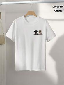 Women's Summer Top With A Cartoon Design Of A Labrador Named Brad And Phia, Loose Fit, Casual Everyday Wear, Round Neck, Short Sleeves, Women's T-Shirt - 白色 - 查看 1