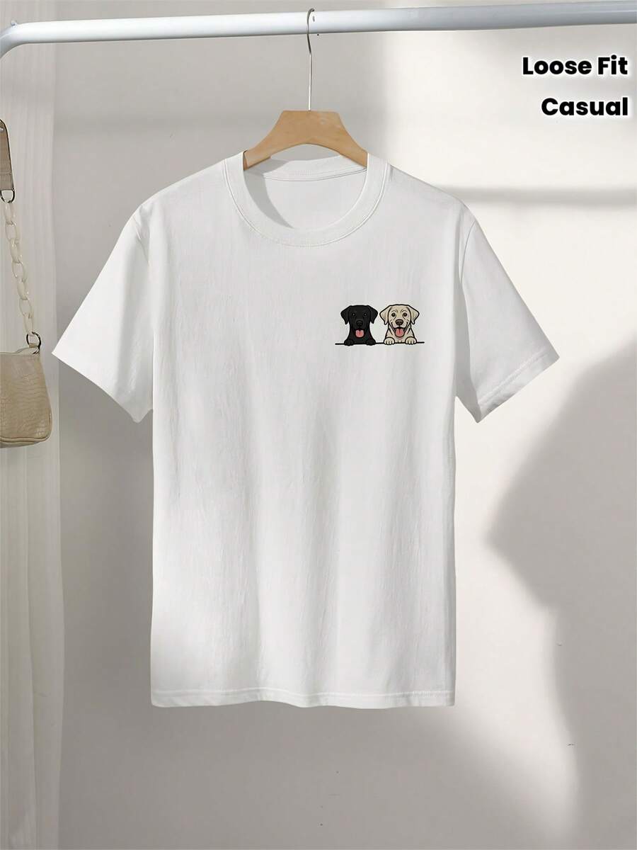 Women's Summer Top With A Cartoon Design Of A Labrador Named Brad And Phia, Loose Fit, Casual Everyday Wear, Round Neck, Short Sleeves, Women's T-Shirt - 白色 - 查看 1