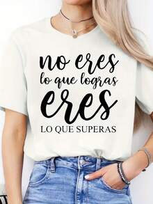 Women's Modern, Casual T-Shirt, Perfect For Parties And Lounging At Home. 100% Cotton, Loose Fit. Women's Round Neck Short Sleeve Sports T-Shirt With Spanish Letter Print For Spring And Summer Casual Wear - 白色 - 查看 1