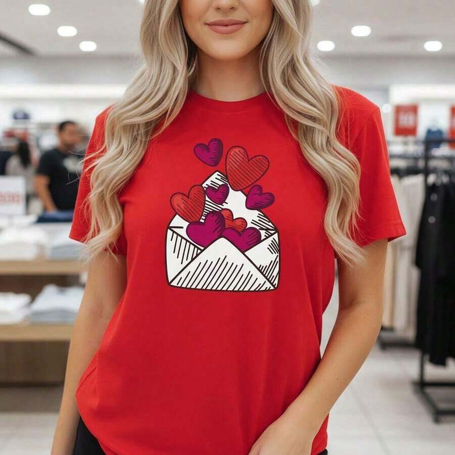 GiftWomen Valentine's Day Heart And Envelope Print Cotton T-Shirt, Casual Short Sleeve Crew Neck T-Shirt, Available Sizes, Love Letter Print T-Shirt For Holiday, Daily Wear, Soft And Comfortable Cotton Blouse, Perfect Gift For Her. - 紅色 - 查看 1