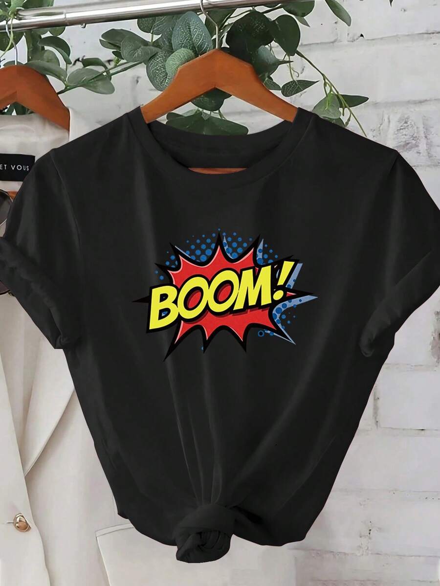 Women's T-Shirt With Explosive Monogram Print, Casual, Holiday, Short Sleeve, Round Neck, Spring And Summer, Machine Washable, New Women's Clothing, Versatile And Urban Fashion, Size S - 黑色 - 查看 1