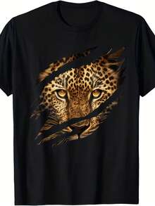 Leopard, Tiger, Leopard Face, Lion, And Cat Print T-Shirt For Men And Women. | Black, Geometric Pattern, Breathable, Casual, All-Season, Loose Fit, Round Neck, Vintage Style, Comfortable. - 黑色 - 查看 1