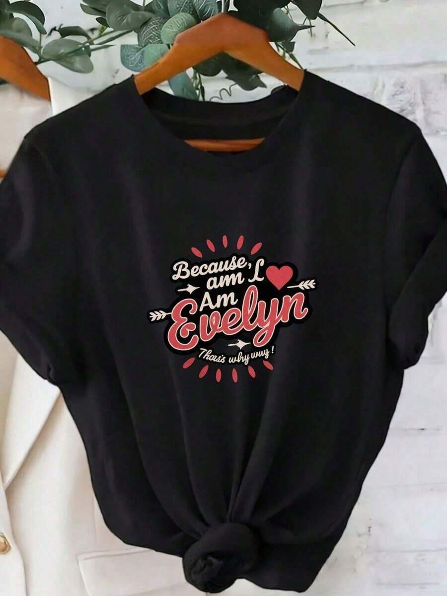 Evelyn Black Short Sleeve T-Shirt With Round Neck And Knotted Hem, Heart-Shaped Arrow Design, Comfortable And Premium Quality, Casual Summer T-Shirt, Personalized Gift Idea - 黑色 - 查看 1