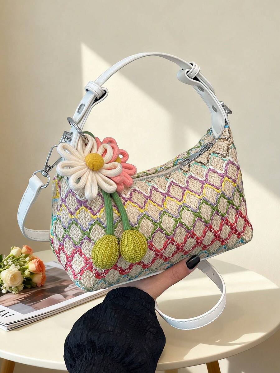 Bolso de mano de piel de serpiente sintética tejida de unicolor de cuero de PU, estilo minimalista, de moda y versátil, viene con un dije de patrón aleatorio - Multicolor - Ver 1
