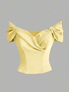 Blusa corta elegante de estilo francés con diseño plisado, cintura ceñida, efecto estilizante, de moda, de alta gama, refinada, para verano - Amarillo - Ver 4