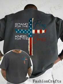 Patriotic Christian Faith T-Shirt, Defend The Flag, Kneel For The Cross, Religious T-Shirt, Cross Design, Men's T-Shirt Showing American Pride, Conservative Christian Cotton Clothing - 灰色 - 查看 7