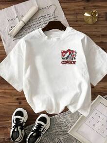 Women's Casual T-Shirt With Graphic Denim Print, Round Neck, Vintage Style, Comfortable, Short Sleeve For Everyday Wear, Summer Clothes For Ladies, Top, Women's Clothing - 白色 - 查看 9