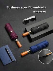 1pc Automatic Open & Close Heavy Duty Windproof Umbrella, High-End Solid Wood Handle, High Strength UV Protection Business Umbrella, Outdoor Automatic Folding Travel Umbrella, UPF50+ Alloy Ribs Wind-Resistant, Women's Umbrella, Outdoor With Umbrella Storage Bag, Unisex, Back To School Season, Gift, Daily Essential, Rainy Season Essential - A - View 2