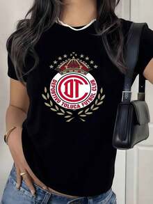 Women's Football-Themed T-Shirt, Blouses Featuring A Gold Crown And Laurel Wreath Print. Comfortable And Breathable Fabric, Very Versatile For Mixing And Matching, Perfect For Everyday Wear And As A Gift. - 黑色 - 查看 1