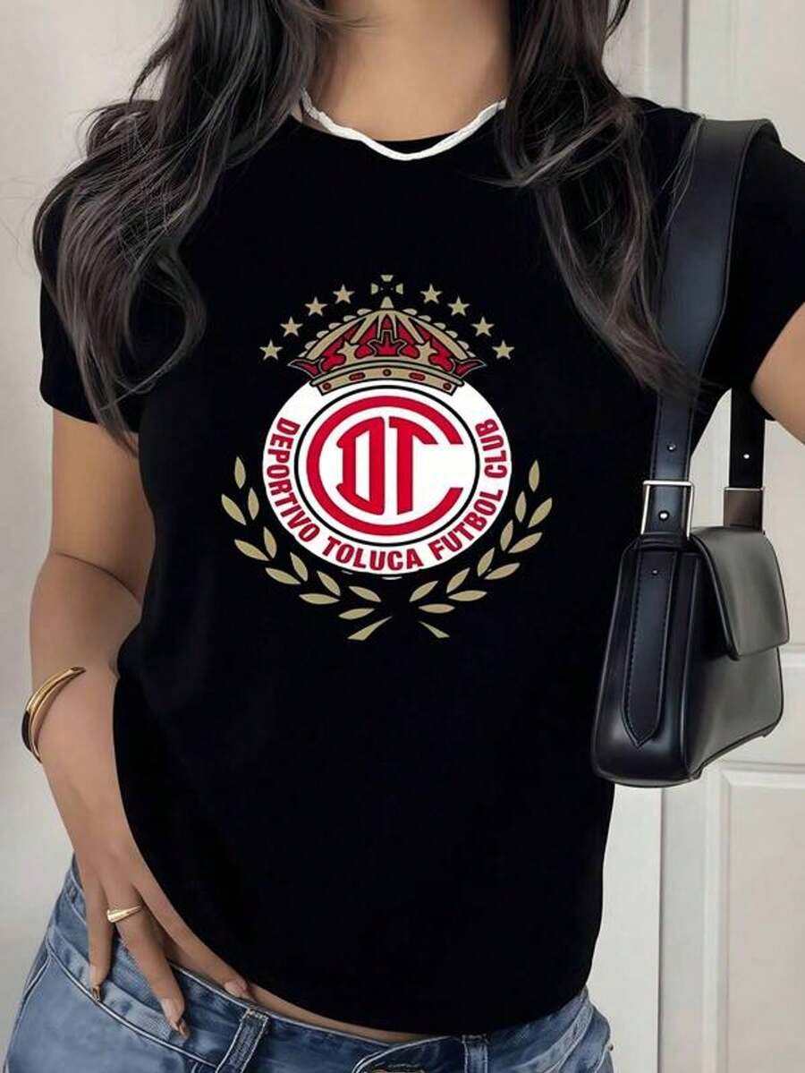 Women's Football-Themed T-Shirt, Blouses Featuring A Gold Crown And Laurel Wreath Print. Comfortable And Breathable Fabric, Very Versatile For Mixing And Matching, Perfect For Everyday Wear And As A Gift. - 黑色 - 查看 1