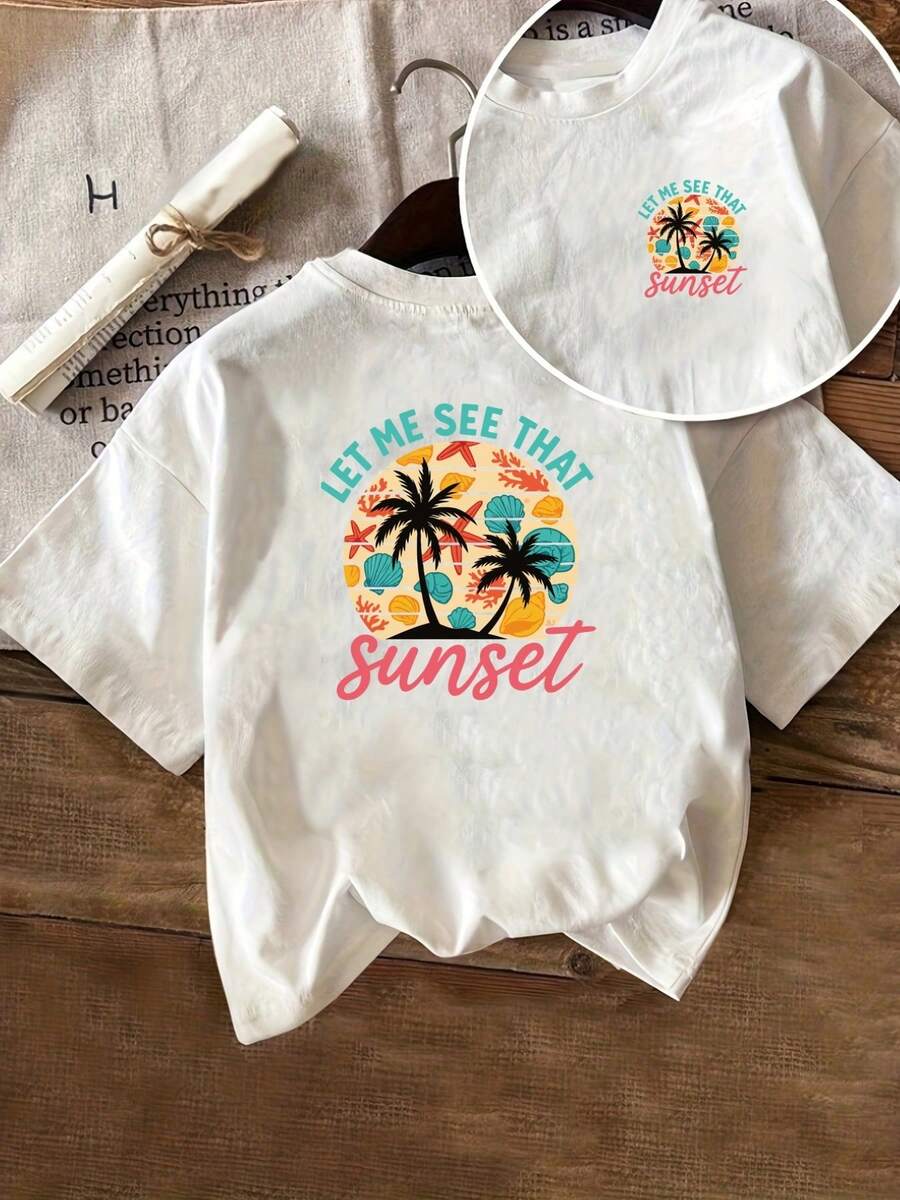 | Exquisite Design | Loose And Comfortable | Easy To Match | T-Shirt With A Front And Back Print, Featuring A Sunset Beach Design And A Beautiful Sunset Print, Round Neck, Short Sleeves, Casual Style For Women, Comfortable Fit, Skin-Friendly Fabric, Classic Design, A Must-Have Fashion Item For Women. - 白色 - 查看 1