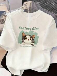 Cute Cat T-Shirt With "Feature Film" Text, Fashionable Short-Sleeved T-Shirt For Spring And Summer 2026, Made In Mexico, 180 Grams. Cartoon Print, Couple Design, Suitable For Indoor Or Outdoor Wear. Crew Neck, Unisex, Ideal For Office And Leisure. One-Pack. - WH-P631577SLNDXZGY609 - 查看 2