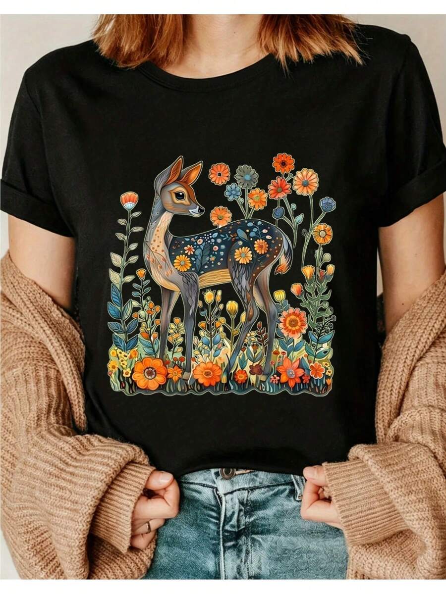 Women's Printed T-Shirt With Colorful Floral Deer Illustration - Casual Short Sleeve Crew Neck T-Shirt, Relaxed Fit Perfect For All Seasons, For Daily Wear Or Holiday Outfits, Pair It With A Beige Cardigan (Machine Washable). - 黑色 - 查看 1