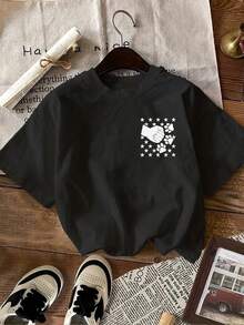 | Exquisite Design | Loose And Comfortable | Easy To Match | [Double-Sided Print] Women's Summer Casual T-Shirt, Vintage Style, Distressed Elements, "Best Dog Dad Ever" Print, Crew Neck, Pure Cotton, Short Sleeve - 黑色 - 查看 2