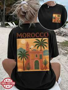 | Exquisite Design | Loose And Comfortable | Easy To Match | [Double-Sided Print] Women's Summer Clothing, Casual Top For Women, Illustration Style, Moroccan Architecture, Palm Trees, MOROCCO Print, Short Sleeve, Round Neck, Pure Cotton, Plus Size Off-The-Shoulder T-Shirt [LangK] - 黑色 - 查看 1