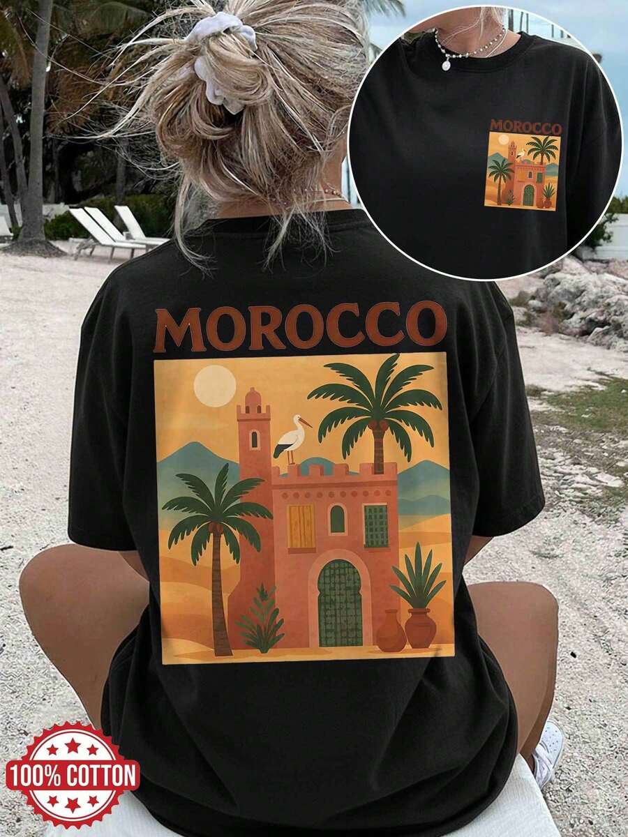 | Exquisite Design | Loose And Comfortable | Easy To Match | [Double-Sided Print] Women's Summer Clothing, Casual Top For Women, Illustration Style, Moroccan Architecture, Palm Trees, MOROCCO Print, Short Sleeve, Round Neck, Pure Cotton, Plus Size Off-The-Shoulder T-Shirt [LangK] - 黑色 - 查看 1