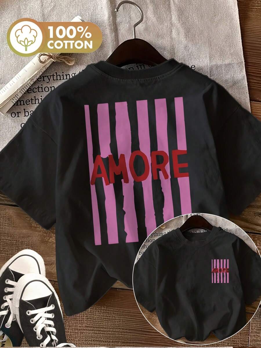 | Exquisite Design | Loose And Comfortable | Easy To Match | [Double-Sided Print] Women's Summer Casual T-Shirt, Minimalist Style, Striped, With The Word AMORE Print, Round Neck, Pure Cotton, Short Sleeve [Ling K] - 黑色 - 查看 1