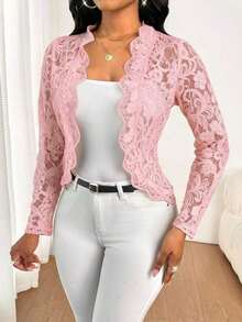 Lady Chaqueta elegante y casual con volantes de encaje para uso diario, para otoño - Rosa - Ver 6