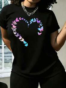 Women's Casual Black T-Shirt With Heart And Butterfly Print, Short Sleeve, Round Neck, Regular Fit. Suitable As A Gift. Women's T-Shirt. Elegant Blouses. Boho Chic. Soft, Breathable, And Comfortable Women's Top, Ideal For Spring, Summer, And Autumn, Perfect For Vacations, Travel, And Everyday Wear. - 黑色 - 查看 2