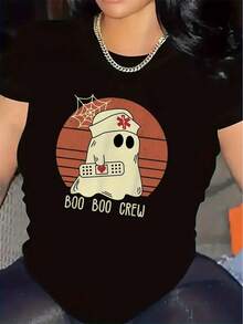 Women's T-Shirt - Halloween Nurse T-Shirt In Black And White - Soft Polyester Short-Sleeve T-Shirt With BOOBOOCREW Design, Ghost And Bat Print, Lightweight And Breathable Fabric Suitable For Costume Parties And Daily Wear, Indoor Gatherings, Festive Outfits, Bat Print, Comfortable Fit, Durable T-Shirt, Printed T-Shirt, Casual Wear, Party Attendant T-Shirts For Women. - 黑色 - 查看 12