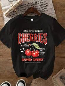 100% Algodón Premium 180g : Camiseta Y2K con diseño de cerezas super dulces y naturales, estilo retro King of Cherries, ideal para los amantes de la moda urbana y el buen gusto. Perfecta para destacar en cualquier ocasión y expresar tu personalidad única. ¡Consíguela ahora!. Ropa de Moda Casual Suave y Transpirable para Diario - Negro - Ver 6