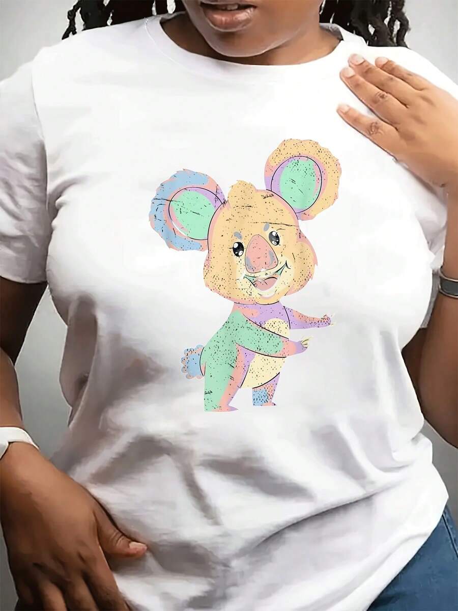 Plus Size - Women's Plus Size T-Shirt - Cute Print In Pastel Shades Of Purple, Pink, Green, Blue, Yellow - Non-See-Through Fabric - Casual Wear For Everyday And Vacation - Machine Washable T-Shirt, Fun Outfit, Funny Graphic Tee, Soft Fabric Shirt - Suitable For Spring, Summer And Autumn. - 白色 - 查看 1