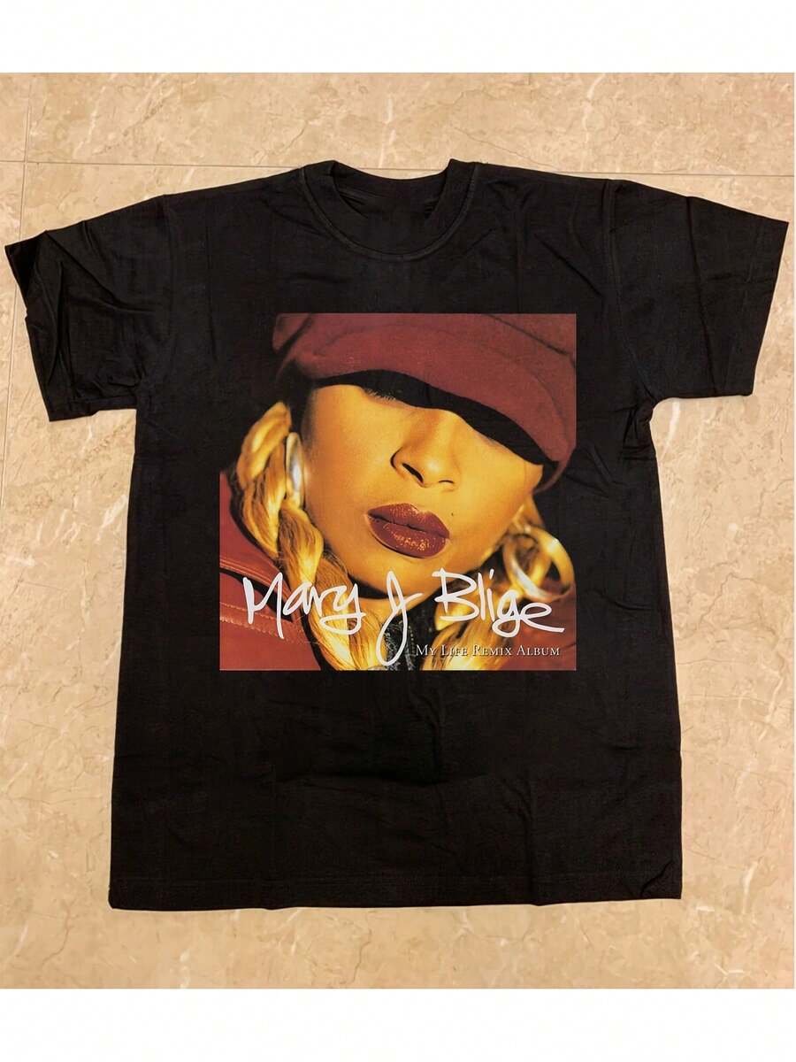 Camiseta de la gira del álbum My Life de Mary J Blige para hombre y mujer - Retrato icónico en rojo y firma, 100% algodón suave de cuello redondo, regalo unisex de ropa de calle casual adecuada para fans, lavable a máquina para uso diario en conciertos y atuendos cotidianos