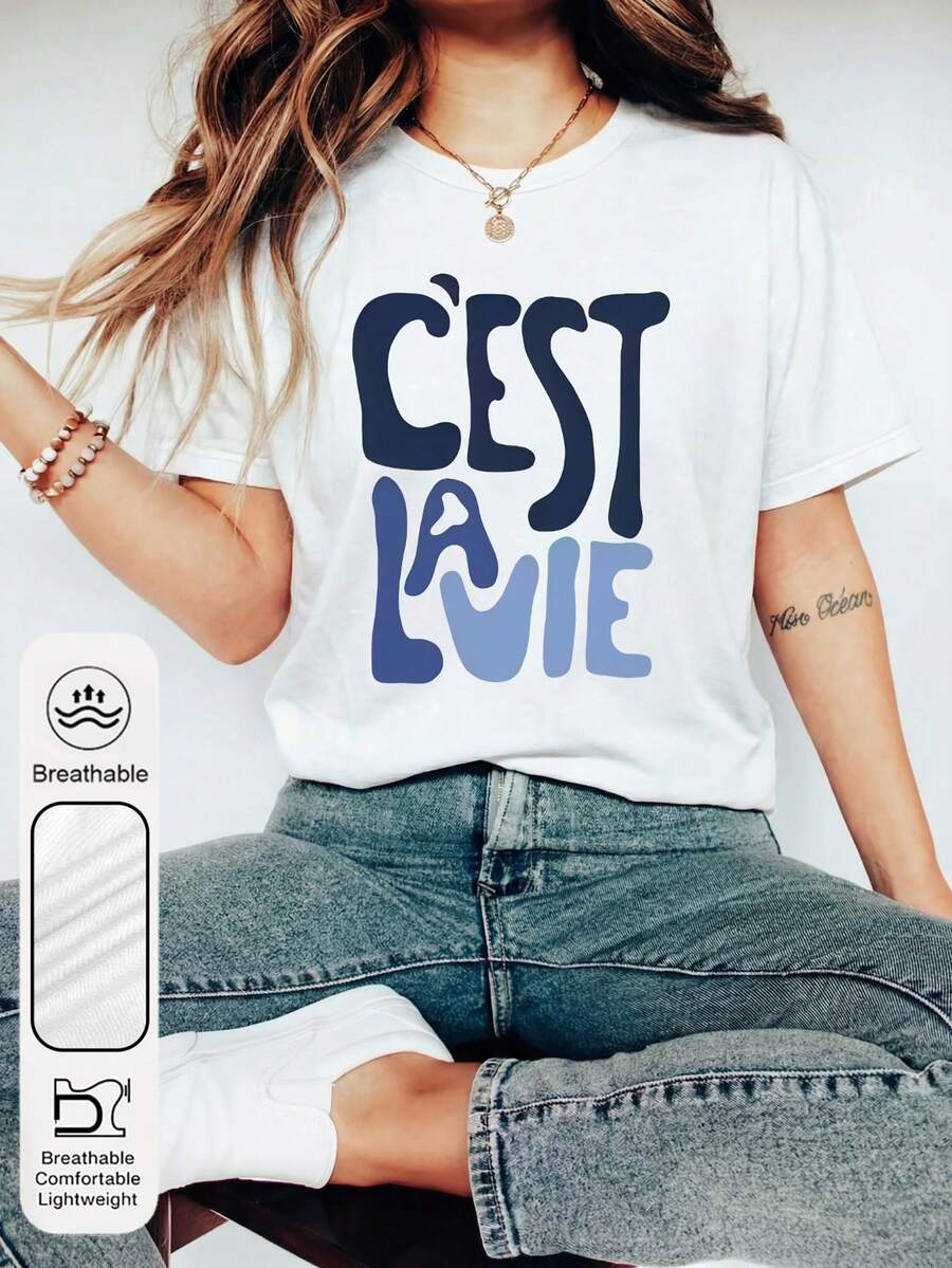 大码女式“C'est La Vie”图案圆领短袖休闲简约夏季白色T恤 - 白色 - 查看 1