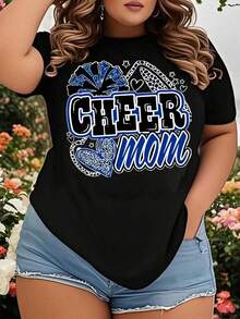 Women's T-Shirt, Cheerleader Mom T-Shirt, Gift For Cheerleader Moms, Team Spirit Clothing, Women's Casual Wear, Blue And Black Design. - 黑色 - 查看 1