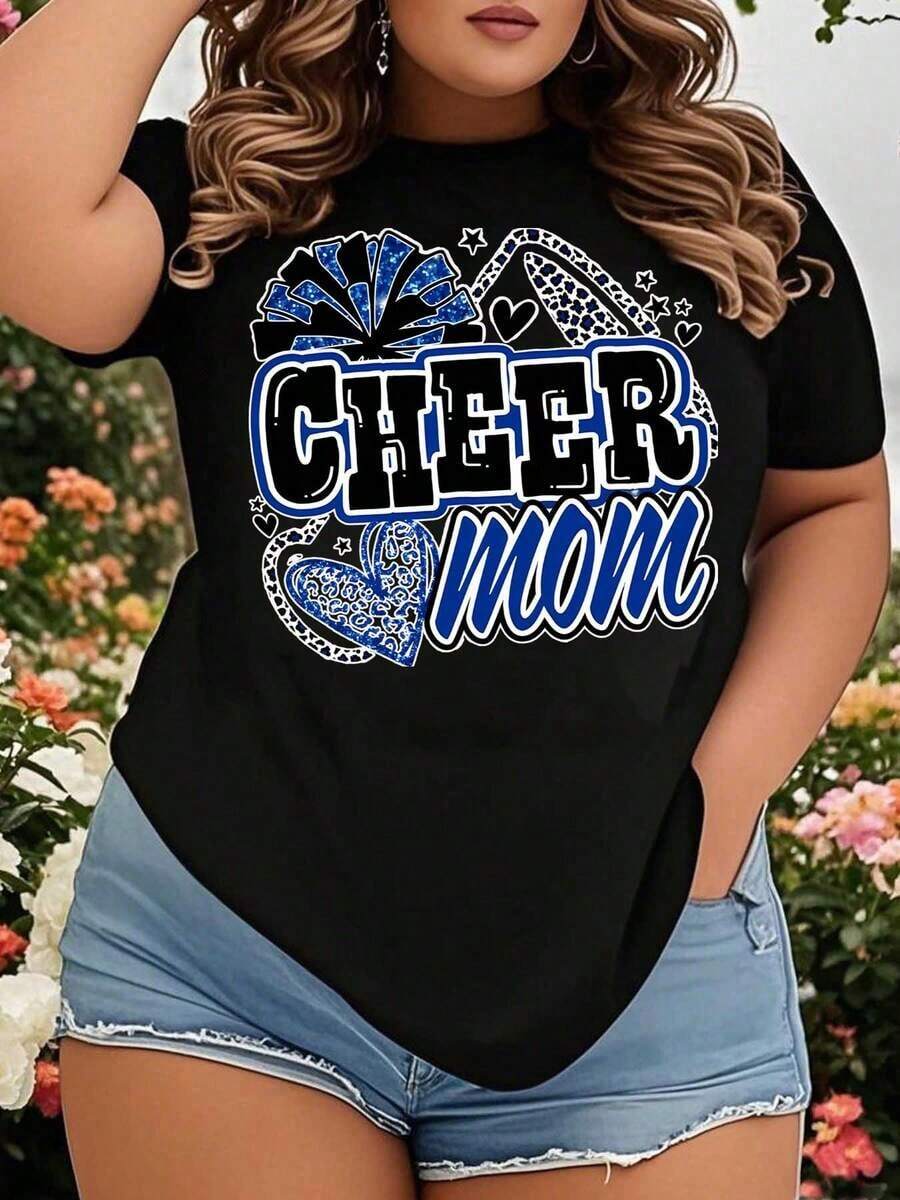 Women's T-Shirt, Cheerleader Mom T-Shirt, Gift For Cheerleader Moms, Team Spirit Clothing, Women's Casual Wear, Blue And Black Design. - 黑色 - 查看 1