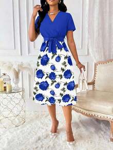 Vestido de mujer con cuello en V y cinturón, manga corta, vestido largo de verano para mujer - Azul - Ver 6