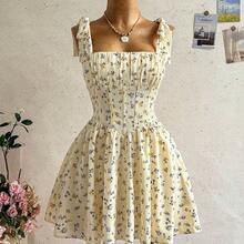 Nuevo vestido mini de línea A con cordones, estilo dulce y lindo, bohemio, romántico con estampado floral, para vacaciones, fiesta, cita, San Valentín, Pascua, carnaval, té de la tarde, playa, crucero, vacaciones en la ciudad - Multicolor - Ver 9