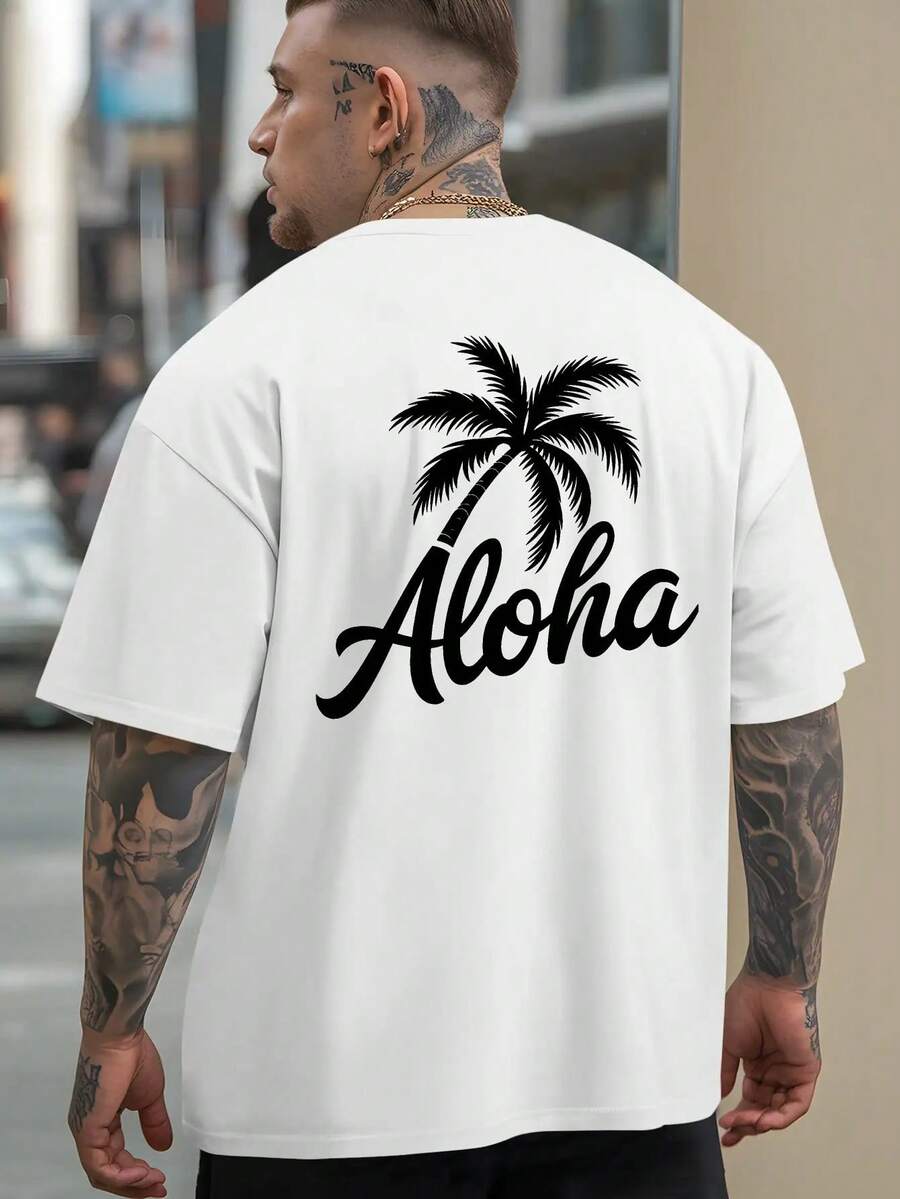 Tropical Hawaiian T-Shirt - T-Shirt With Palm Tree Print And The Word "Aloha", Lightweight And Breathable Fabric, Suitable For The Beach, Gym And Casual Wear - Friendly - Essential Summer T-Shirt, Beach T-Shirt, Gym Wear, Comfortable And Well-Fitting T-Shirt. - 白色 - 查看 1