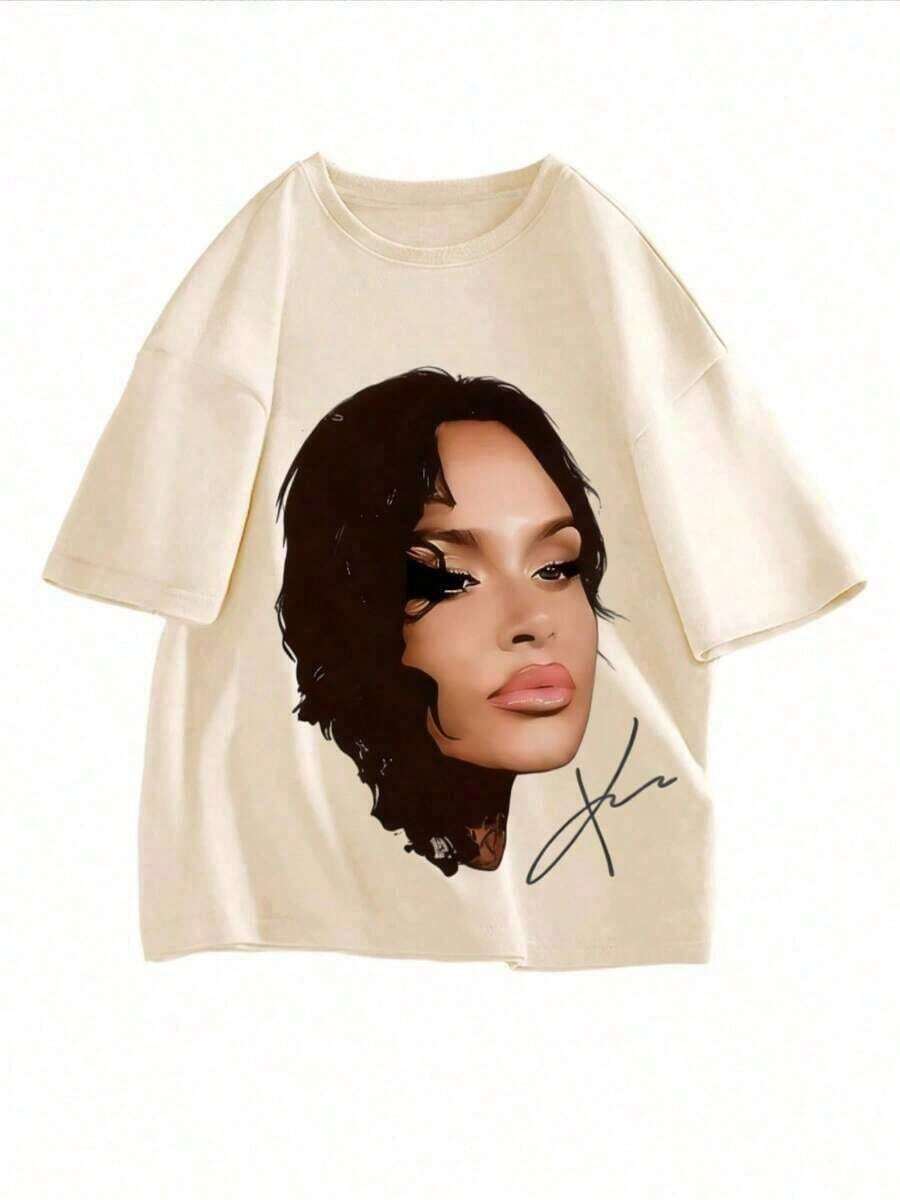 Women's Celebrity Portrait Print T-Shirt, Comfortable And Casual Short-Sleeved, High-Quality Cotton Print. 100% Cotton. Suitable For Casual And Versatile Wear In Spring, Summer, And Autumn. - 杏 - 查看 1