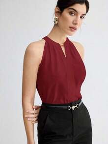 Camiseta de tirantes elegante con cuello de ojo de cerradura de unicolor, versátil para ir al trabajo, uso diario, retro romántico de los 90, adecuada para Navidad, Año Nuevo, San Valentín, fiesta, playa, graduación, moda, carnaval, vacaciones, in - Burdeos - Ver 4