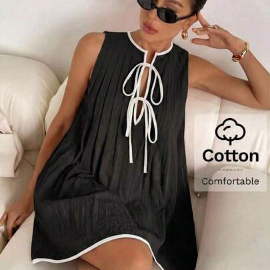 Vestido mini sin mangas con lunares en contraste para mujer - Negro - Ver 1