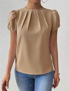 Camisa de mujer elegante y casual con mangas abombadas y volantes de unicolor - Caqui - Ver 4