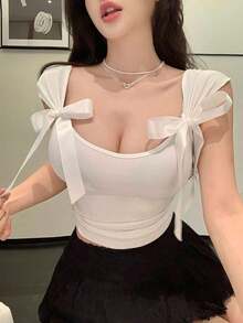 Camiseta de mujer de manga corta ajustada con lazo de espalda descubierta y cordones, de verano - Blanco - Ver 5