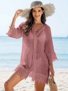 Blusa Tipo Kimono De Encaje Para Mujer Para Boda - Rosa vieja - Ver 7