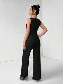 PETITE Conjunto de chaleco y pantalones de un solo pecho de unicolor con cuello redondo, elegante traje de oficina para mujer, ropa de mujer de verano y otoño, conjunto de oficina, ropa casual de negocios, conjunto de dos piezas, ropa de oficina de otoño para mujer, conjunto de blazers para mujer - Negro - Ver 2