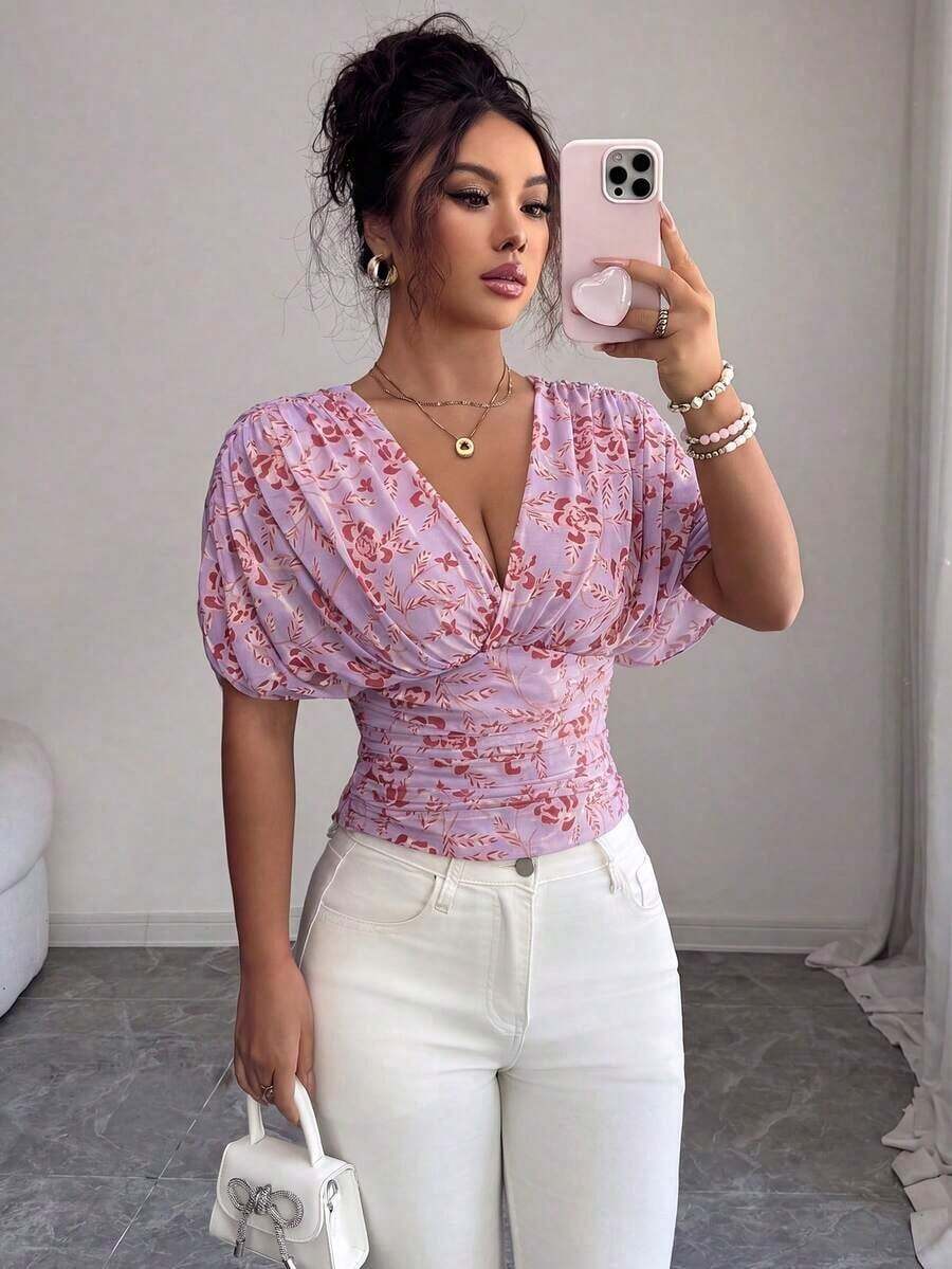 Blusa sexy con mangas de murciélago plisadas y ajustadas - Púrpura malva - Ver 1