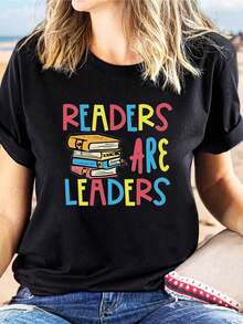 Pure Cotton T-Shirt With The Inspirational "LEADERS ARE LEADERS" Print For Women. This Unique And Artistic Top Is Suitable For Bookstores, Reading Events, Daily Commutes, Studying In The Library, And Casual Street Wear. Plain White T-Shirt. - 黑色 - 查看 1