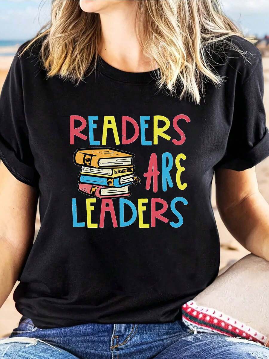 Pure Cotton T-Shirt With The Inspirational "LEADERS ARE LEADERS" Print For Women. This Unique And Artistic Top Is Suitable For Bookstores, Reading Events, Daily Commutes, Studying In The Library, And Casual Street Wear. Plain White T-Shirt. - 黑色 - 查看 1